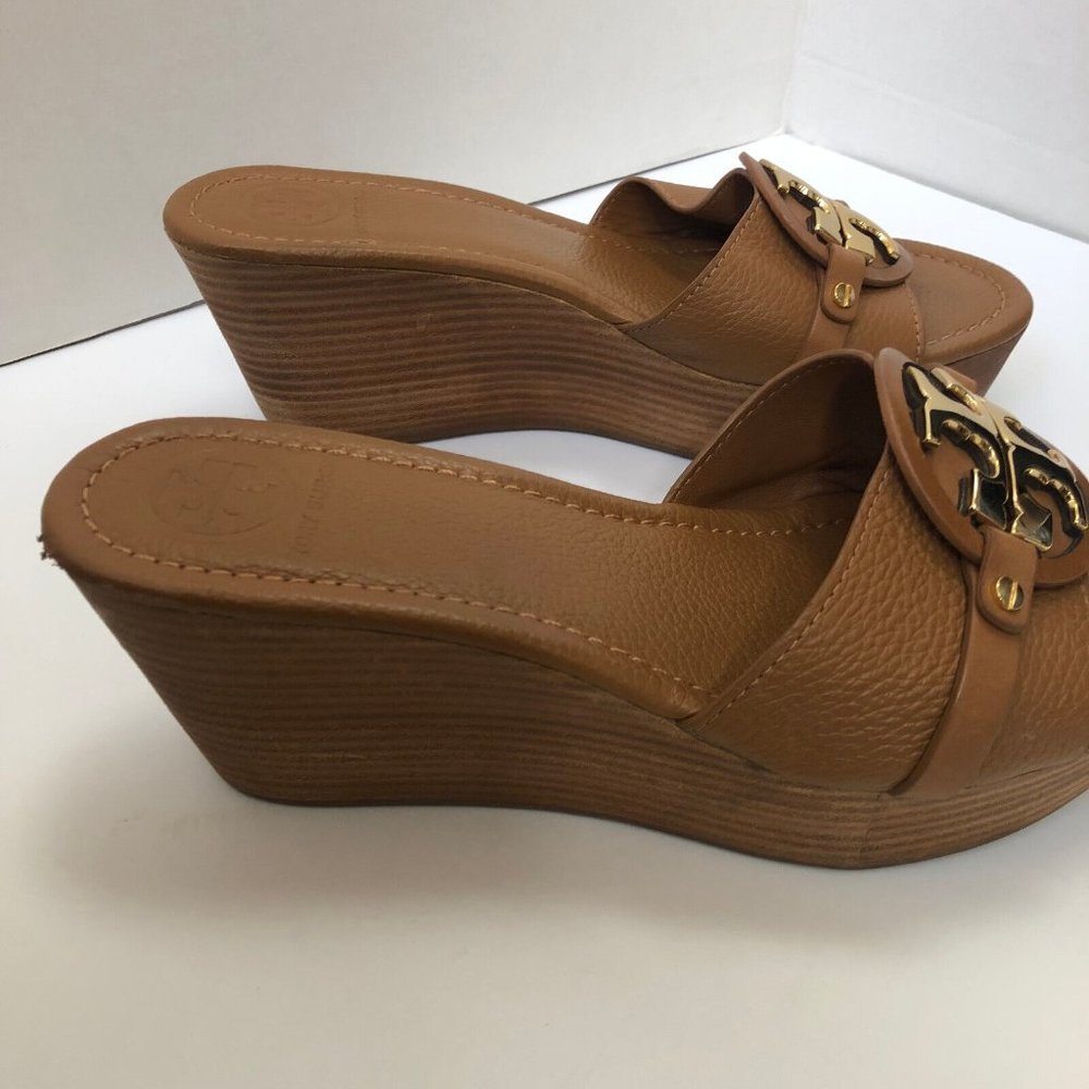 Tory Burch Patti Wedge Sandals Slides Platform Camel Brown Leather Womens 9M 9 - Picture 8 of 12